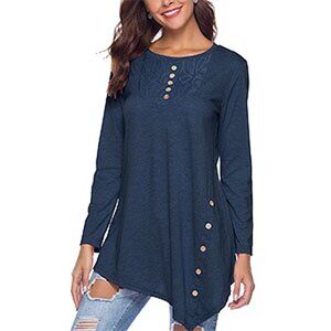 High Low Hem Autumn Button Detail Long Sleeve Tunic Casual Charming Basic Tops L
